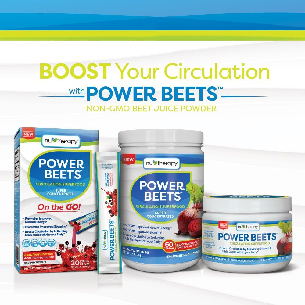 "Boost Your Circulation with Nu-Therapy Power Beets - Super Concentrated Superfood Supplement - Acai Berry Pomegranate Flavor - Non-Gmo Beet Juice Powder - 30 Servings - Enhance Your Well-Being with this Delicious and Nutritious Red Drink - 5.8 Ounce 