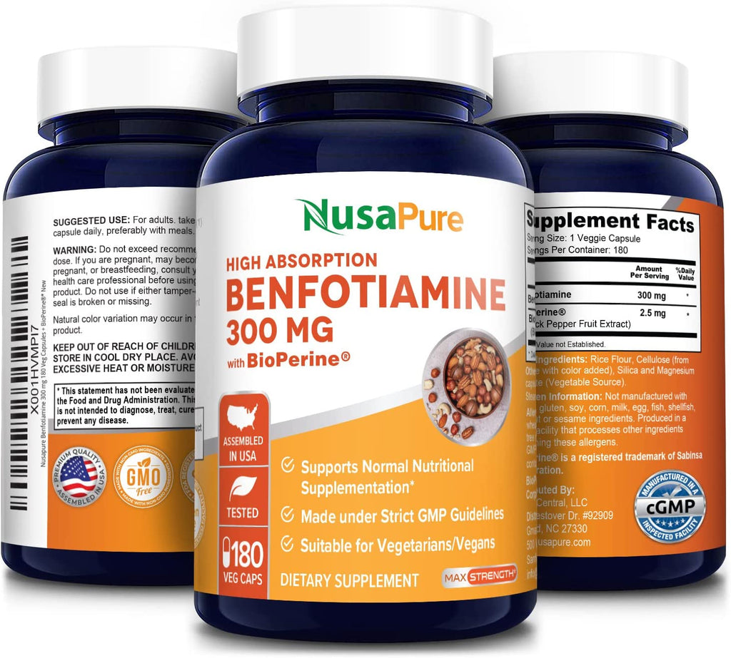 Nusapure Benfotiamine 300Mg 180 Veggie Caps (Non-Gmo,Vegan & Gluten-Free) with Bioperine