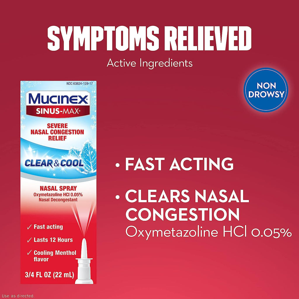 Mucinex Sinus-Max Severe Nasal Congestion Relief Clear & Cool Nasal Spray, 0.75 Fl. Oz., Lasts 12 Hours, Fast Acting, Cooling Menthol Flavor