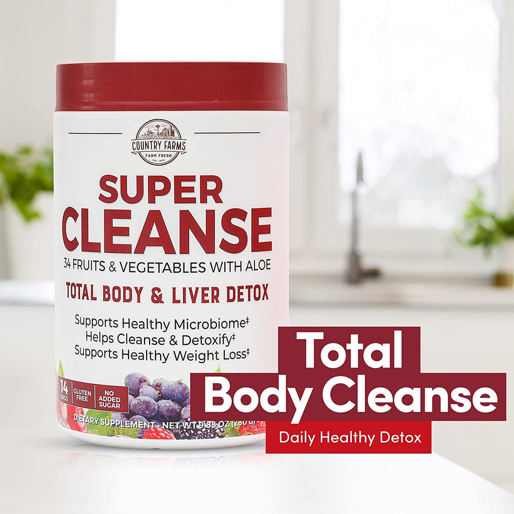 Country Farms Super Cleanse, Super Juice Cleanse, Supports Healthy Digestive System, 34 Fruits and Vegetables with Aloe, Promotes Natural Detoxification, Drink Powder, 14 Servings, 9.88 Ounce