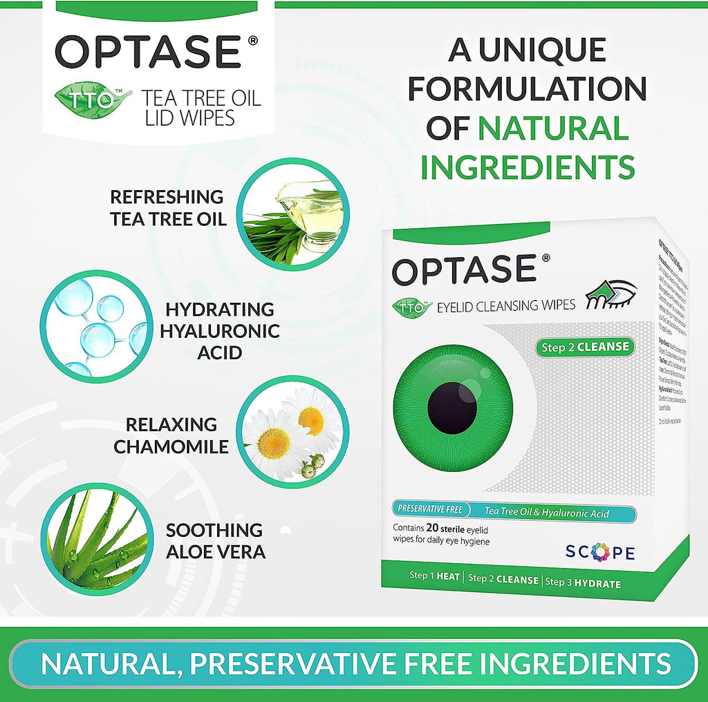 OPTASE Tea Tree Oil Eyelid Wipes - Eyelid Cleansing Wipes for Dry Eyes - Tea Tree Wipes for Blepharitis Treatment - Preservative Free, Natural Ingredients - Step 2 Cleanse - TTO Eye Wipes, Box of 20