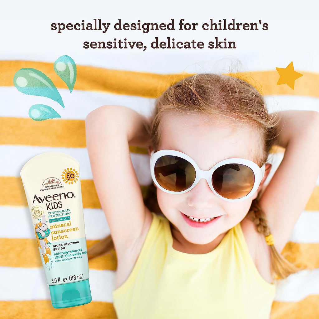 Aveeno Kids Continuous Protection Zinc Oxide Mineral Sunscreen Lotion for Children'S Sensitive Skin with Broad Spectrum SPF 50, Tear-Free, Sweat- & Water-Resistant, Non-Greasy, 3 Fl. Oz