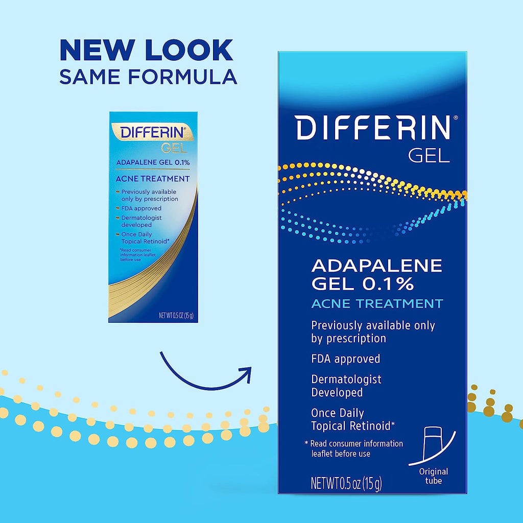 Differin Acne Treatment Gel, 30 Day Supply, Retinoid Treatment for Face with 0.1% Adapalene, Gentle Skin Care for Acne Prone Sensitive Skin, 15G Tube (Packaging May Vary)