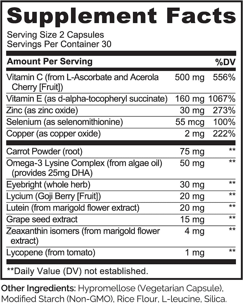 NATURELO Eye Vitamins - AREDS 2 Formula Nutrients with Lutein, Zeaxanthin, Vitamin C, E, Zinc, plus DHA - Supplement for Dry Eyes, Healthy Vision, Eye Support - 60 Vegan Capsules