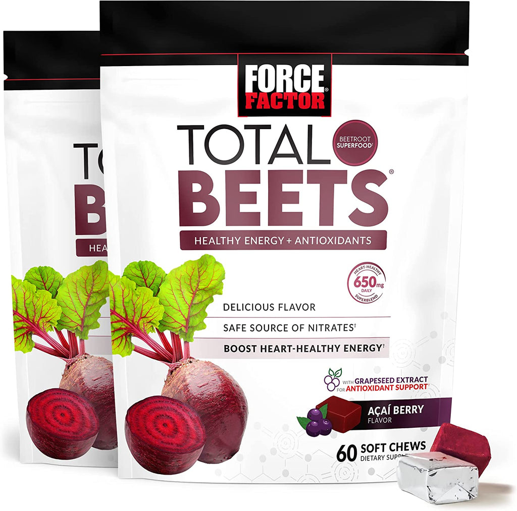 Total Beets Soft Chews with Beetroot, Nitrates, L-Citrulline, Grapeseed Extract, and Antioxidants, Healthy Energy Supplement with Elite Ingredients, Heart Health Superfood, Force Factor, 60 Chews