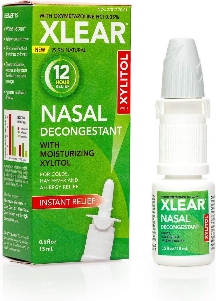 Xlear 12-Hour Nasal Decongestant Spray, Natural Saline Nasal Spray with Xylitol and Oxymetazoline, Instant Sinus Pressure and Congestion Relief for Kids and Adults 0.5 Fl Oz (Pack of 1)