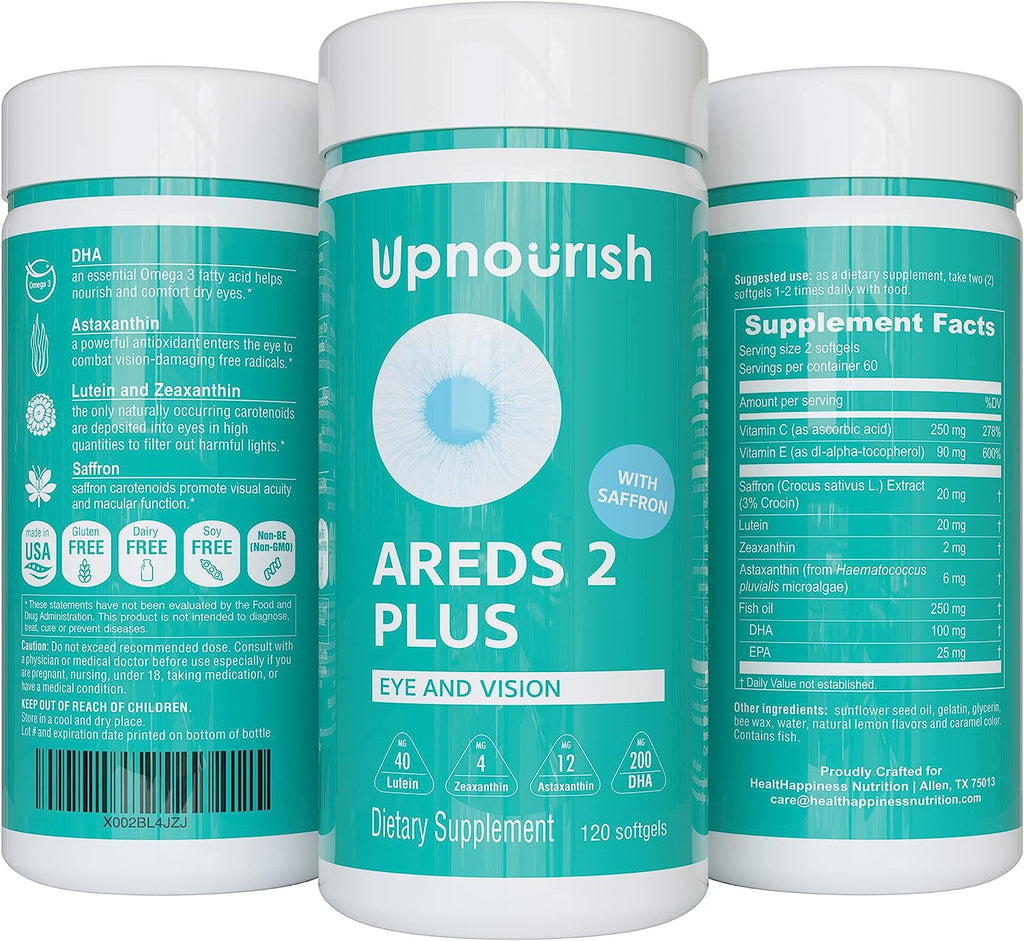 Upnourish AREDS 2 Eye Vitamins for Macular Health, Dry Eye - Lutein 40Mg, Zeaxanthin, Saffron, Astaxanthin 12Mg & DHA 200Mg - Eye Supplements for Eye Strain, Eye Pressure & Night Vision, 120 Softgels