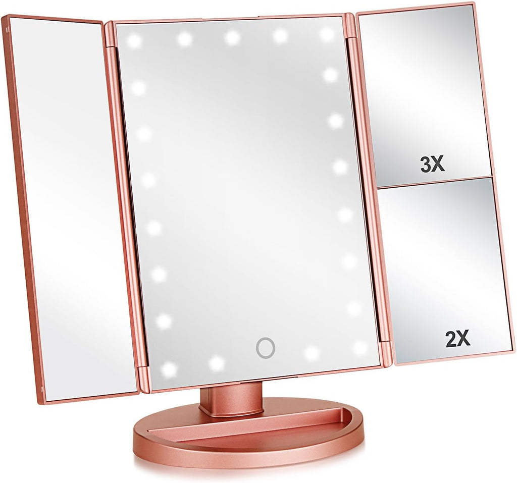 "Illuminate Your Beauty with the Flymiro Rose Gold Tri-Fold Vanity Makeup Mirror - 3X/2X Magnification, 21 LED Lights, Touch Screen, 180 Degree Rotation - Perfect for Countertop and Travel"