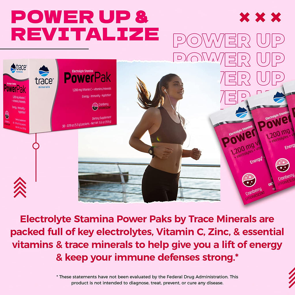 Trace Minerals | Power Pak Electrolyte Powder Packets | 1200 Mg Vitamin C, Zinc, Magnesium | Boost Hydration, Immunity, Energy, Muscle Stamina | Cranberry | 30 Packets - Free & Fast Delivery - Free & Fast Delivery