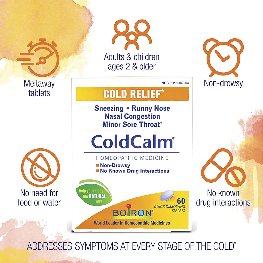 Boiron Coldcalm Tablets for Relief of Common Cold Symptoms Such as Sneezing, Runny Nose, Sore Throat, and Nasal Congestion - Non-Drowsy - 60 Count