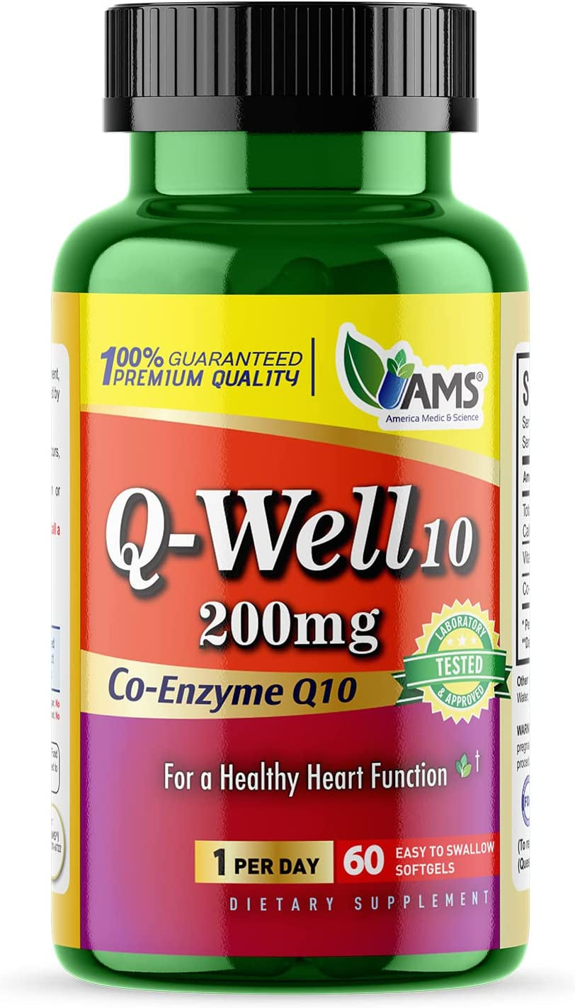 America Medic & Science Q-Well-10 (60 Count) | Coq10 200Mg Softgels | Nutritional Supplement with Coenzyme Q10 and Vitamin E | High Absorption Antioxidant for Enhanced Wellness and Heart Health