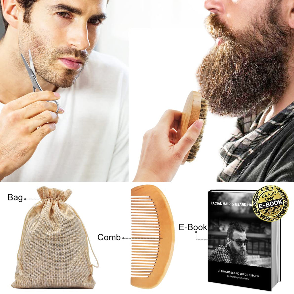 "Ultimate Beard Care Kit: Upgrade Your Grooming Game with Beard Conditioner, Oil, Balm, Brush, Shampoo, Comb, Scissors, and More! Includes Stylish Storage Bag and Exclusive Beard E-Book. Perfect Beard Care Gifts for Men."