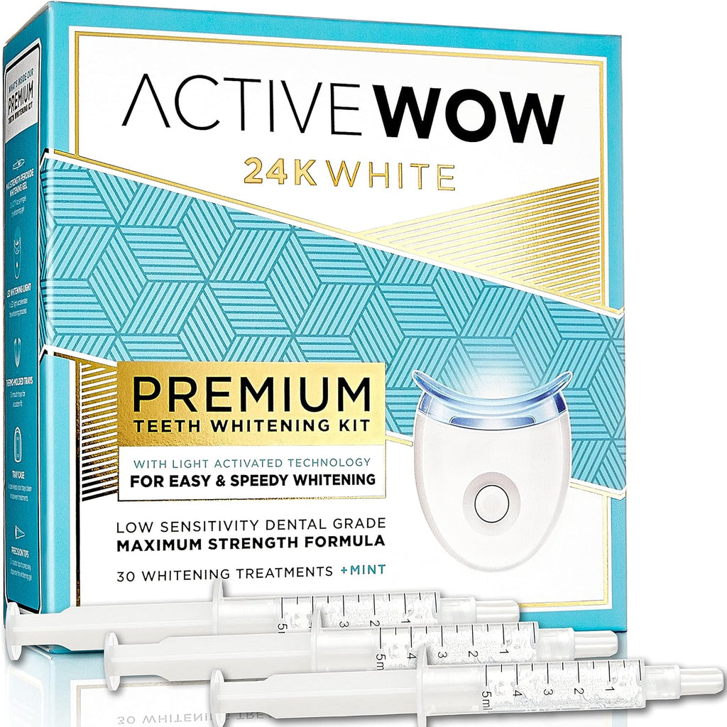 Active Wow 24K White Premium Teeth Whitening Kit - LED Teeth Whitening Kit, Teeth Whitening Light, All Natural Formula, Fluoride Free, Teeth Whitening Kit with LED Light - Mint Flavor, 30 Treatments