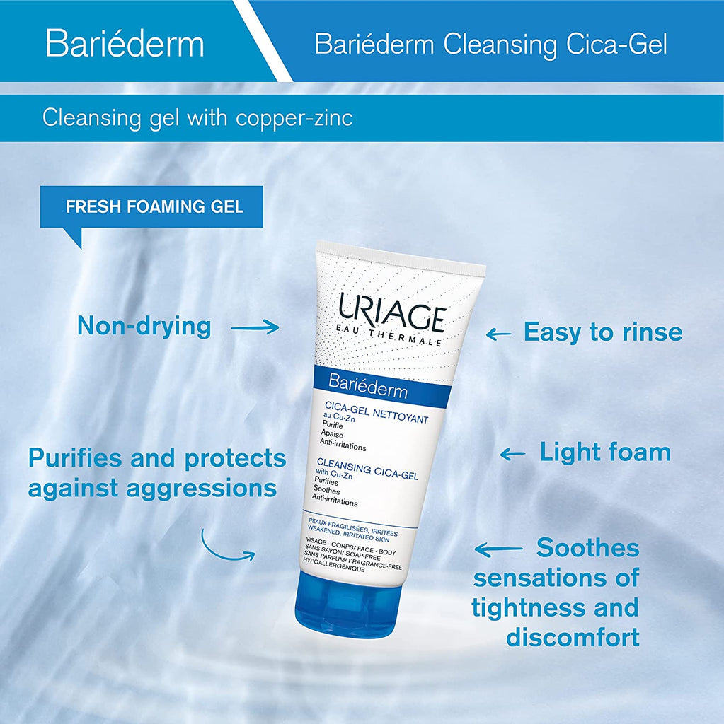 URIAGE Bariederm Cleansing Cica-Gel 6.8 Fl.Oz. | Ultra-Rich, Soothing and Purifying Cleansing Gel for Sensitive and Irritated Skin | High-Tolerance Cleanser for Face and Body - Free & Fast Delivery