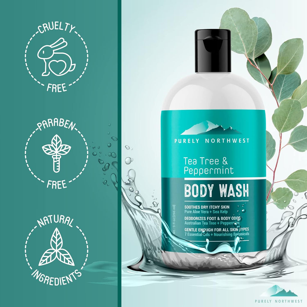 "Invigorating Tea Tree & Peppermint Body Wash - Refreshing Soap for Odor Control, Acne Relief, and Foot Care - Gentle Cleansing for Men and Women - 9oz"