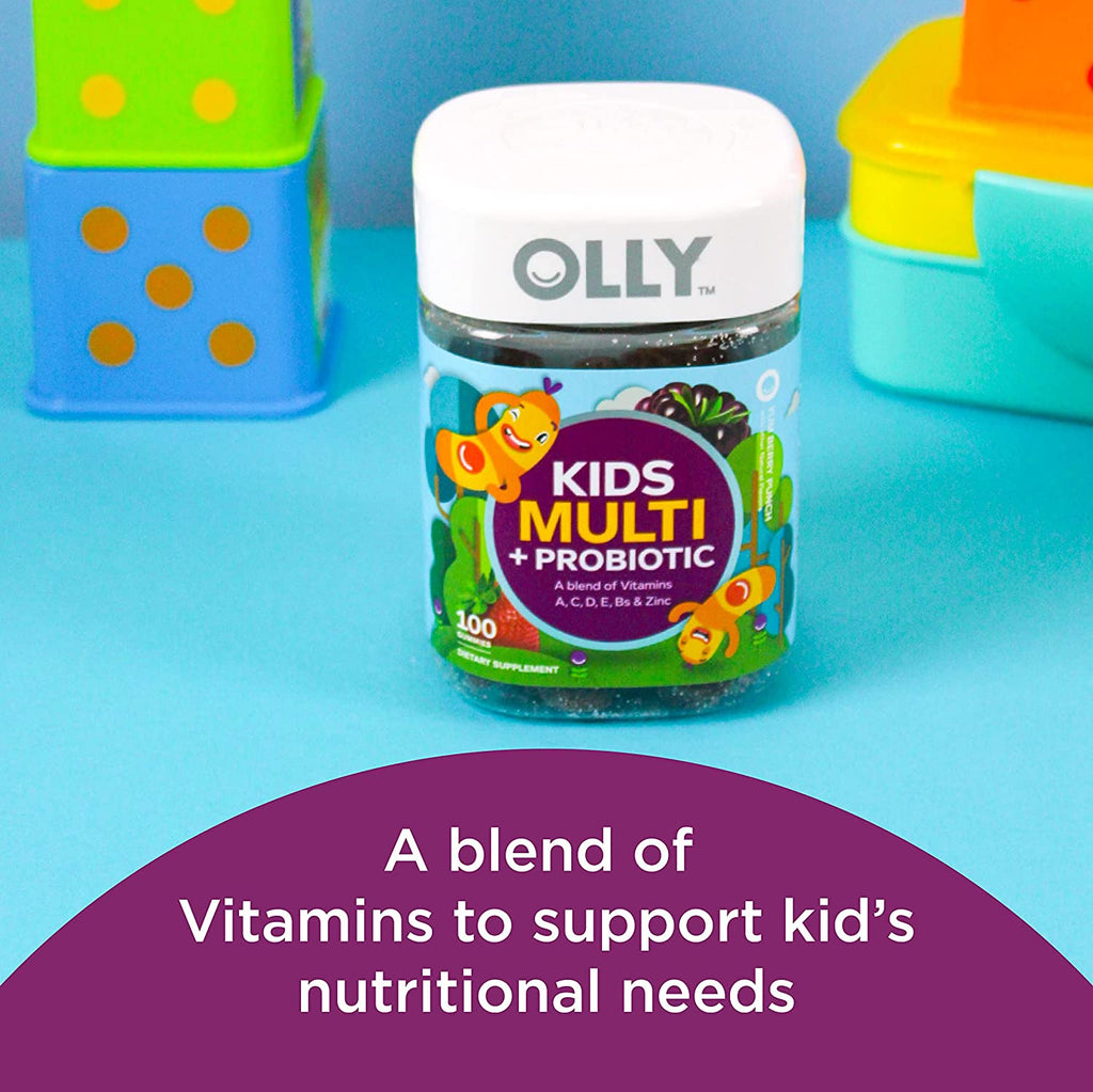 OLLY Kids Multivitamin + Probiotic Gummy, Digestive and Immune Support, Vitamins A, D, C, E, B, Zinc, Kids Chewable Supplement, Berry, 50 Day Supply - 100 Count (Pack of 1) - Free & Fast Delivery