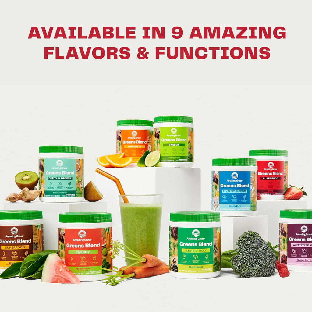 "Supercharge Your Health with Amazing Grass Greens Blend Superfood: Organic Super Greens Powder with Digestive Enzymes, Probiotics, and Berry Burst Flavor - 100 Servings!"