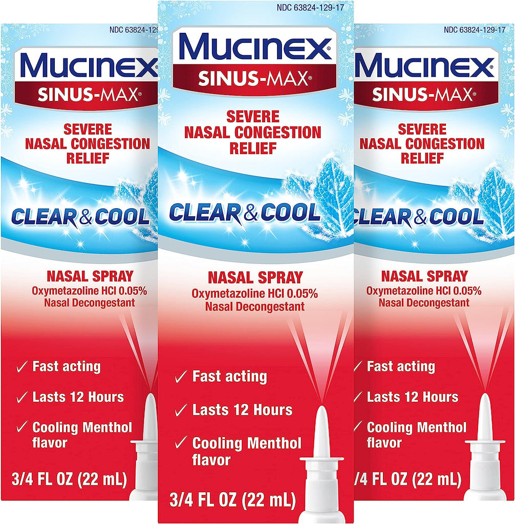 Mucinex Sinus-Max Severe Nasal Congestion Relief Clear & Cool Nasal Spray, 0.75 Fl. Oz., Lasts 12 Hours, Fast Acting, Cooling Menthol Flavor