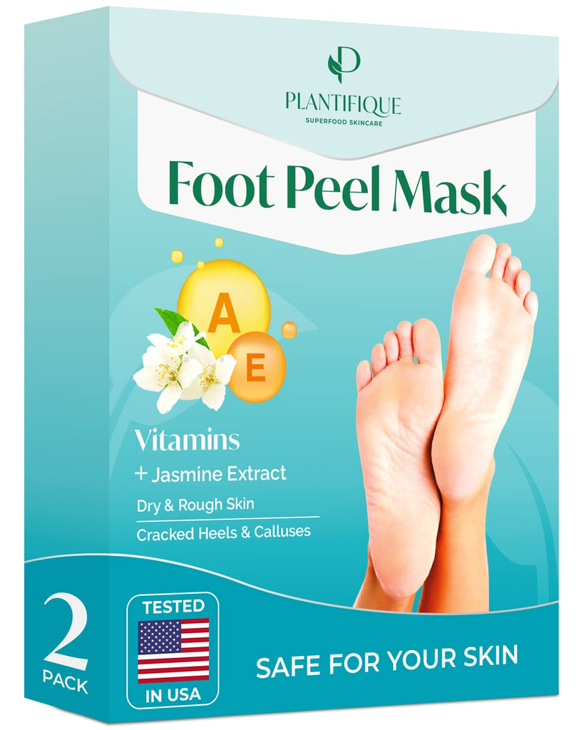 "Get Baby Soft Feet with PLANTIFIQUE Foot Peeling Mask - Dermatologically Tested to Repair Heels and Remove Dry Dead Skin - Exfoliating Foot Peel Mask for Dry Cracked Feet (Peach 2 Pack)"