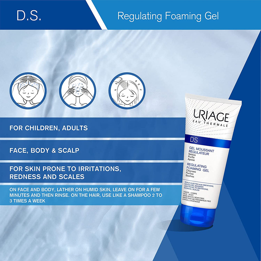 Uriage D.S. Regulating Foaming Gel 5 Fl.Oz. | Gentle Cleansing Foam for Face & Body to Cleanse, Purify and Sanitize Irritated, Redness-Prone and Scales Skins | Leaves Skin Healthier and Comfortable. - Free & Fast Delivery