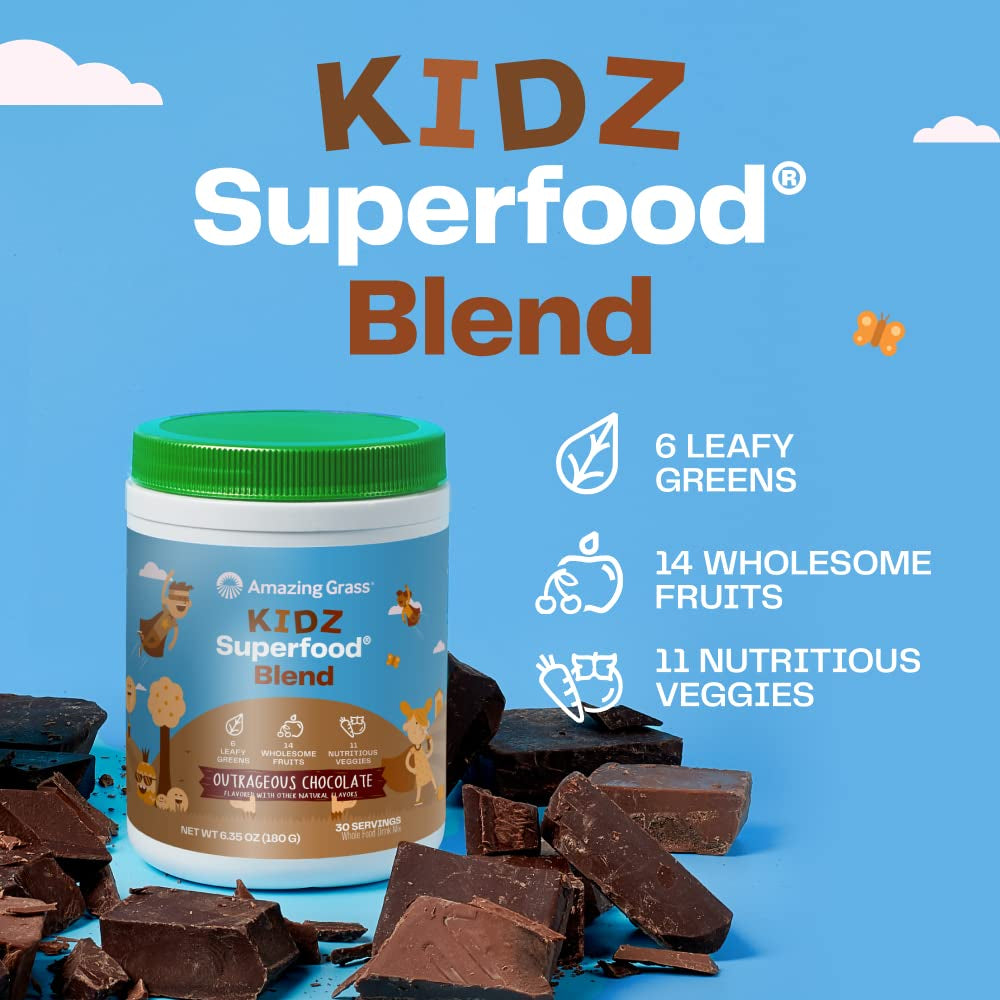 "Deliciously Nutritious: Organic Superfood for Kids - Boosted with Greens, Fruits, Veggies, and Probiotics - Outrageous Chocolate Flavor - 30 Servings, 6.35 Ounce (Pack of 1)"
