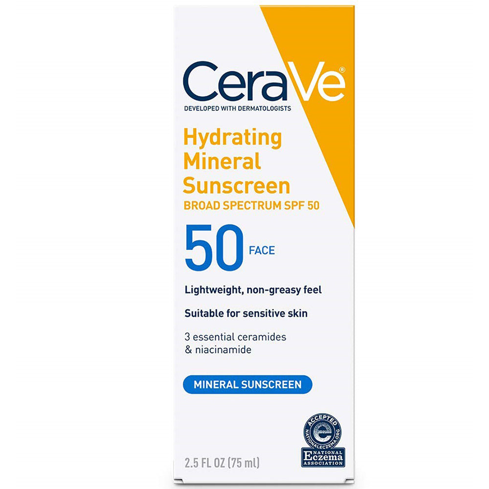 CeraVe Hydrating Mineral Sunscreen SPF 50 - Body Sunscreen with Zinc Oxide & Titanium Dioxide for Sensitive Skin - 2.5oz/75ml