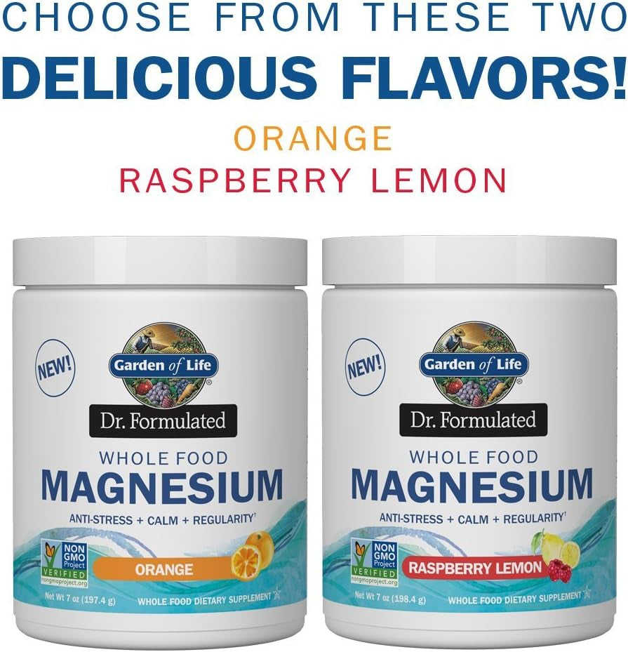 Garden of Life Dr. Formulated Whole Food Magnesium 197.4G Powder Orange,40 Servings, Non-Gmo, Vegan, Gluten & Sugar Free Supplement with Probiotics - Best for Anti-Stress, Calm & Regularity - Free & Fast Delivery