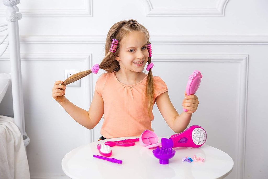 "Ultimate Glamour Makeover Set for Girls - 17Pcs Pretend Play Beauty Salon Kit with Hairdryer, Curling Iron, and More! Perfect for Fashionable Kids, Birthday Parties, and Endless Fun!"