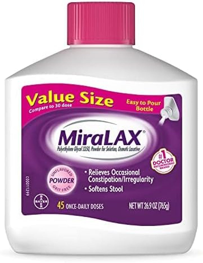 Miralax Gentle Constipation Relief Laxative Powder, Stool Softener with PEG 3350, Works Naturally with Water in Your Body, No Harsh Side Effects, Osmotic Laxative, #1 Physician Recommended, 45 Dose