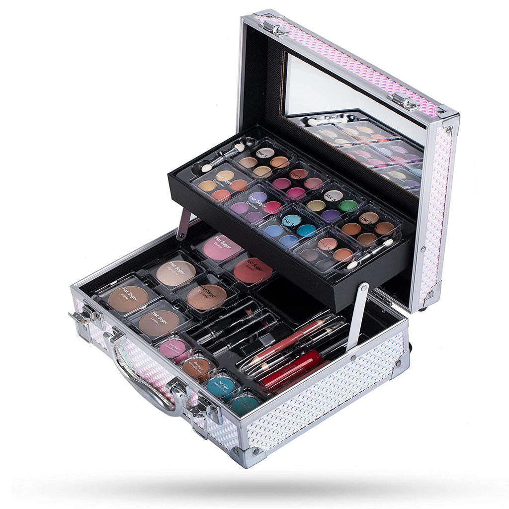 "Hot Sugar Makeup Kit: The Ultimate Cosmetic Gift Set for Women and Teen Girls - Complete with a Stunning Rainbow Train Case, Vibrant Eyeshadow Palette, Blush, Lipstick, and More!"