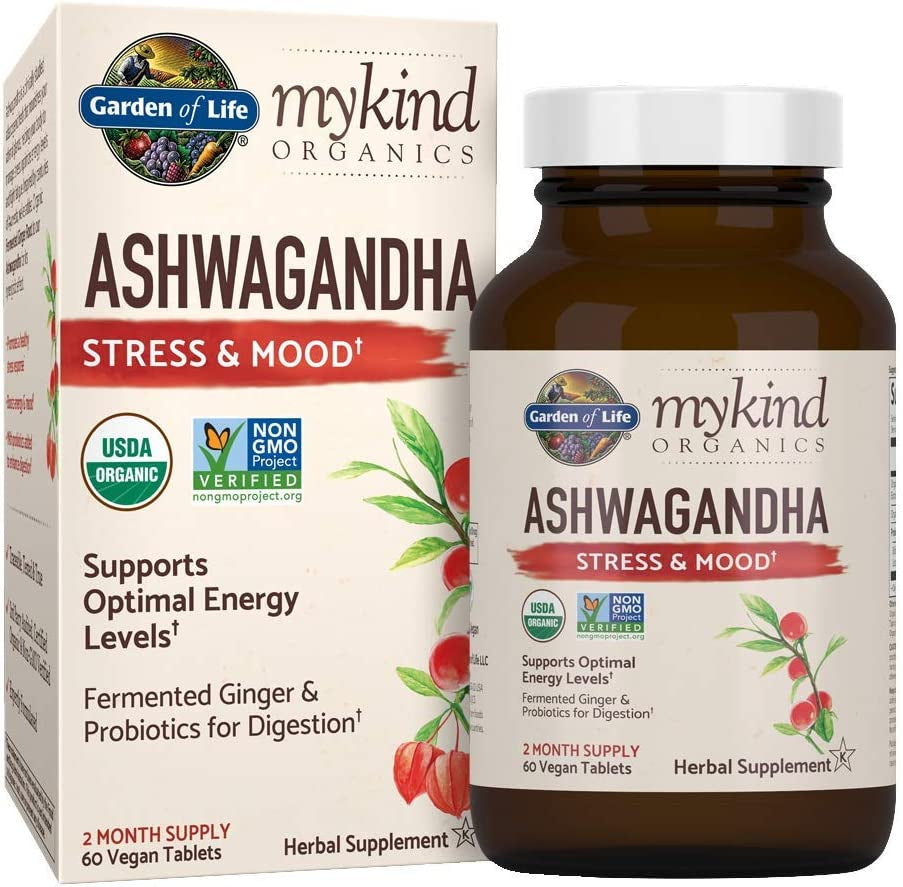 Garden of Life Organic Ashwagandha Stress, Mood & Energy Support Supplement with Probiotics & Ginger Root for Digestion - Mykind Organics - Vegan, Gluten Free, Non GMO – 2 Month Supply, 60 Tablets - Free & Fast Delivery
