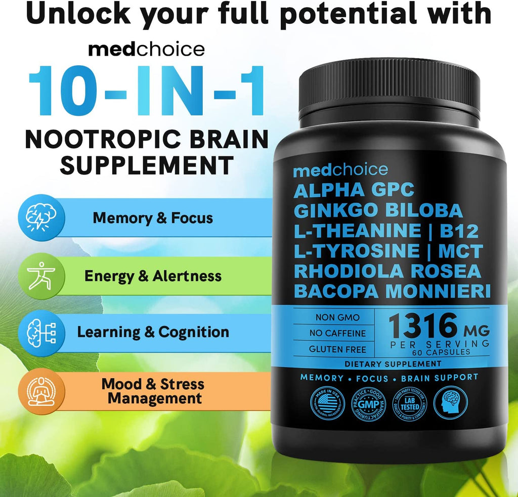 10-In-1 Nootropic Brain Supplements: Memory & Focus Supplement with Ginkgo Biloba, L Theanine, Alpha GPC Choline - 1316Mg, 60Ct - Stimulant Free, Vegan, Non-Gmo - Focus Brain Support (1 Pack)