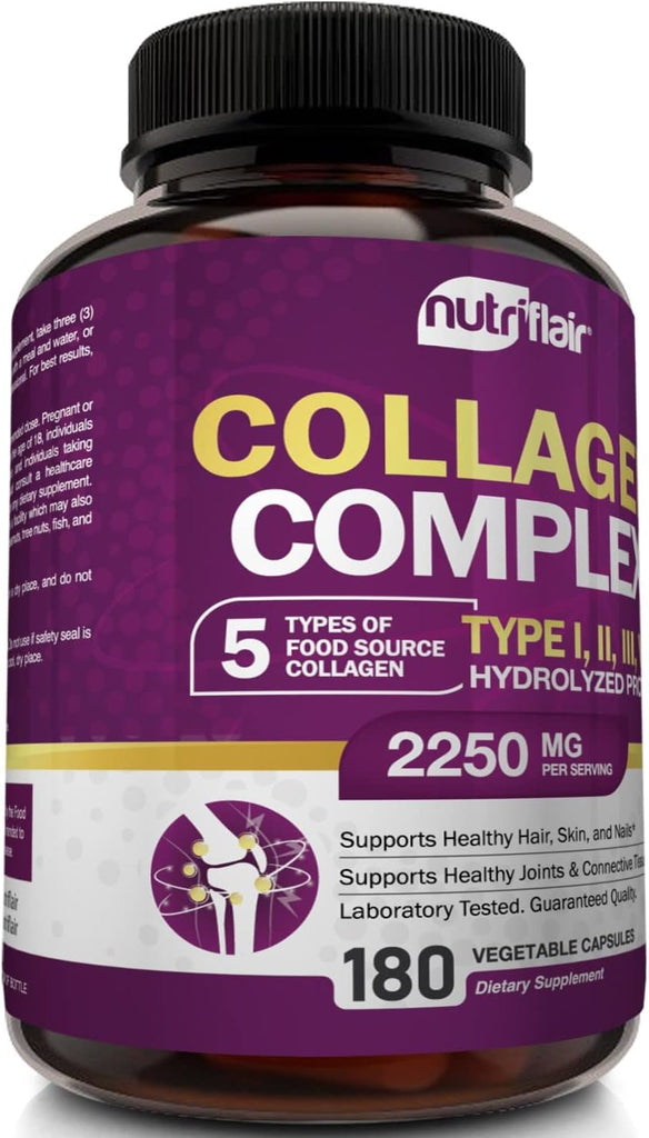 "Revitalize Your Beauty Inside Out with Nutriflair Multi Collagen Peptides - 180 Capsules for Gorgeous Hair, Radiant Skin, and Strong Nails - Enhanced with 5 Types of Collagen - Premium Hydrolyzed Protein - Unleash Your Natural Glow - Non-GMO Formula"