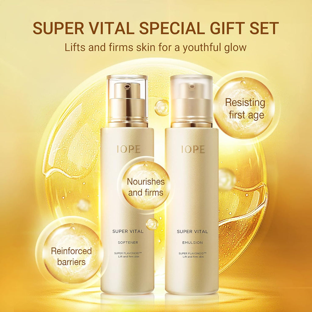 "IOPE Super Vital Skin Care Set - Ultimate Anti-Aging Solution for Youthful and Radiant Skin - Complete Korean Skincare Kit for Hydration, Lifting, and Rejuvenation - Includes Face Toner, Lotion, Moisturizer, and Bonus Samples!"