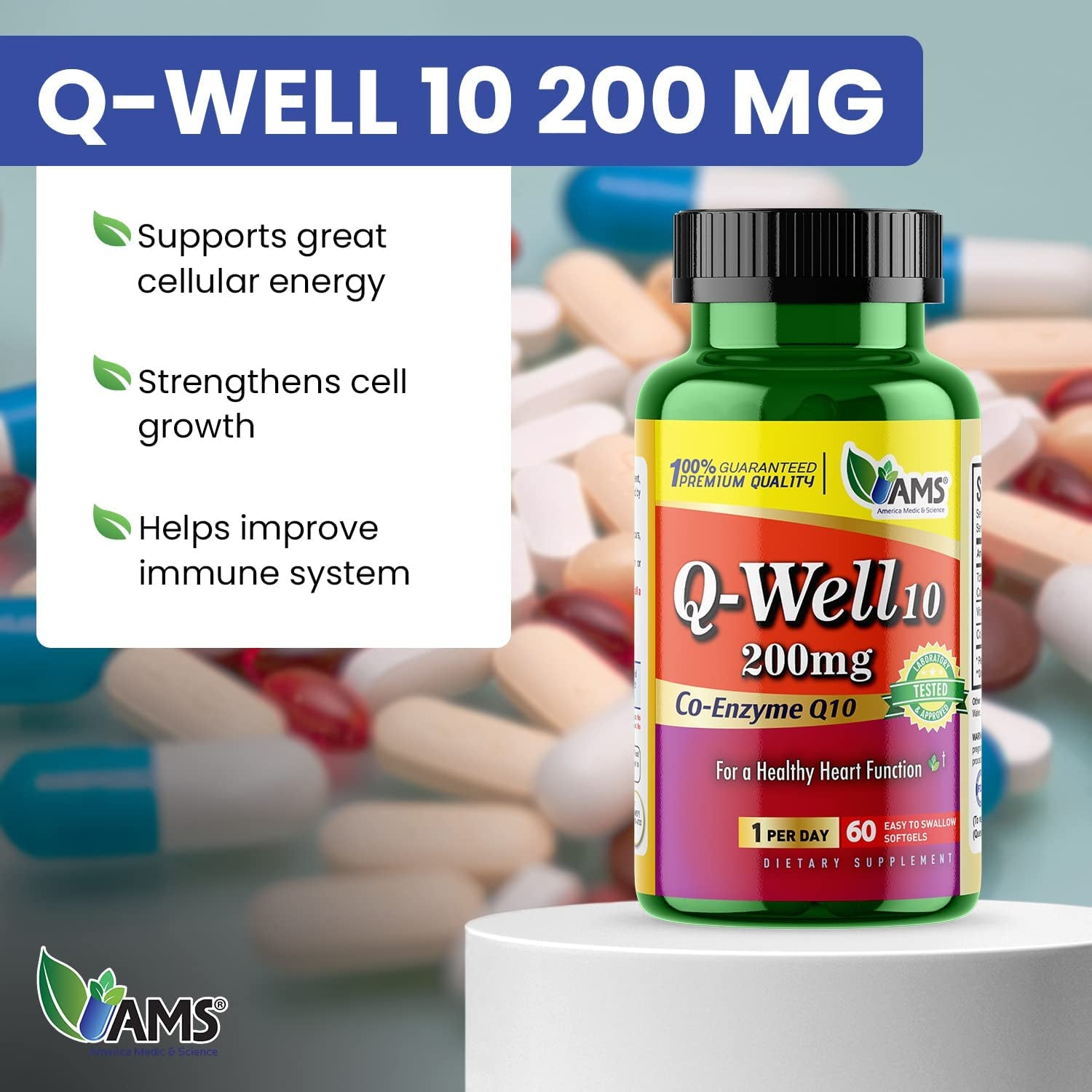 America Medic & Science Q-Well-10 (60 Count) | Coq10 200Mg Softgels | Nutritional Supplement with Coenzyme Q10 and Vitamin E | High Absorption Antioxidant for Enhanced Wellness and Heart Health