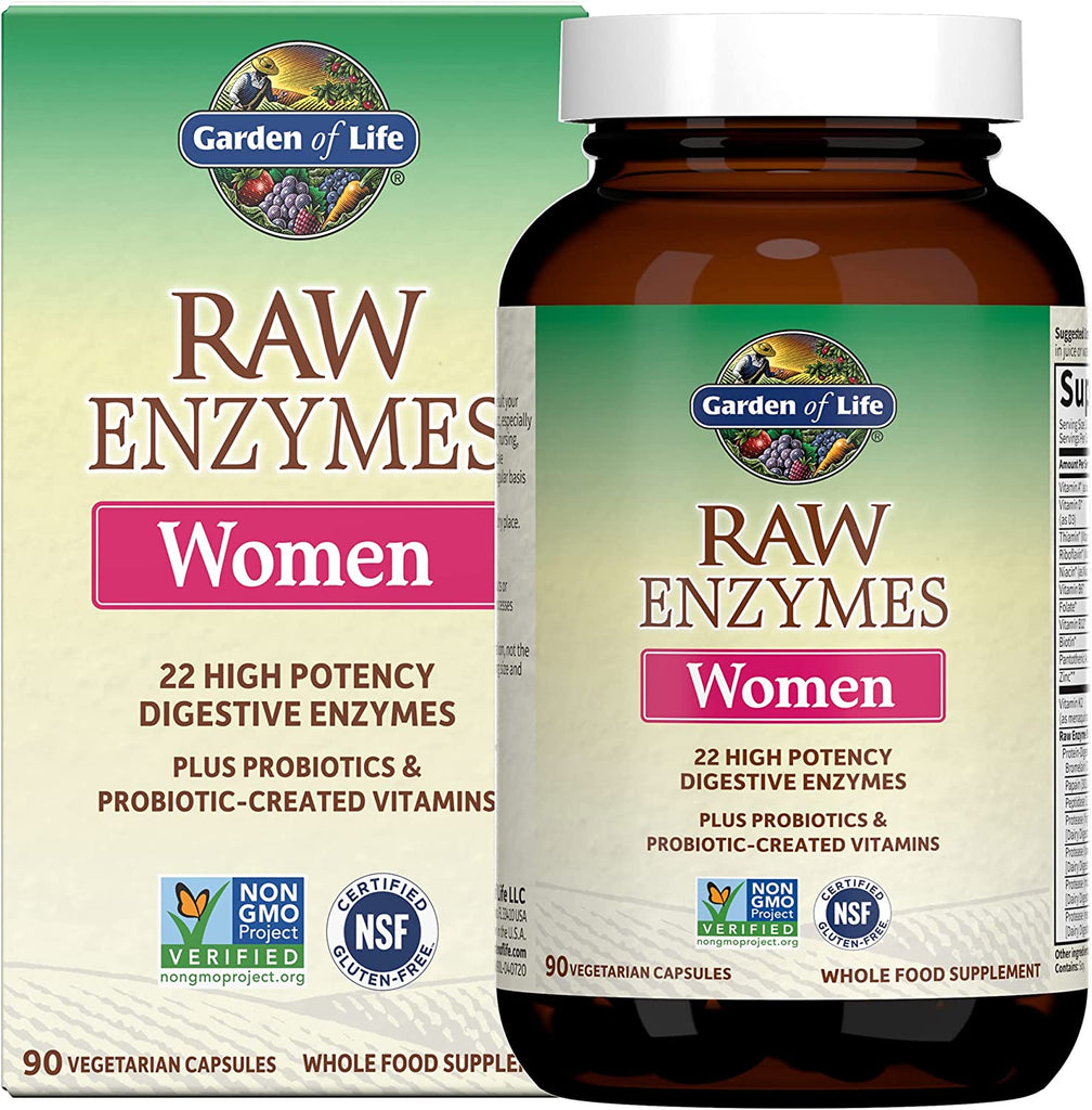 Garden of Life 22 Digestive Enzymes for Women with Bromelain, Papain, Lipase & Lactase plus Probiotics & Vitamins B12, Biotin & Zinc – RAW Enzymes – Non-Gmo, Gluten-Free, Vegetarian, 90 Capsules - Free & Fast Delivery