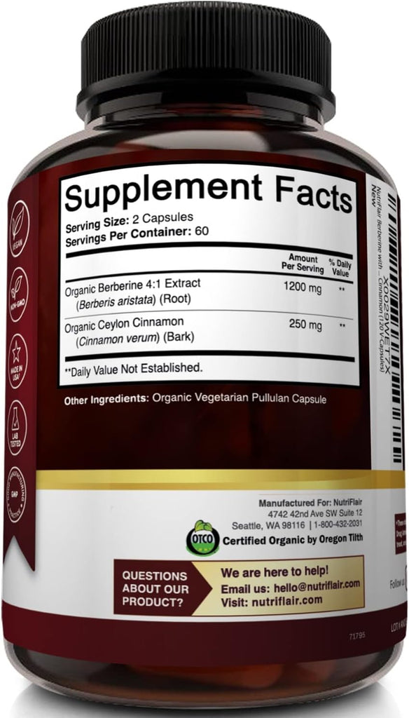 "Organic Berberine with Ceylon Cinnamon - Boost Glucose Metabolism, Immune Support, and Weight Management - 1450mg, 120 Capsules"