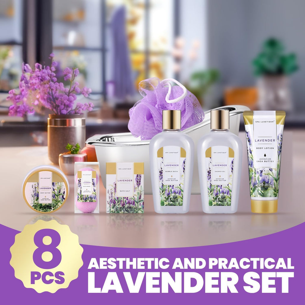 "Lavender Bliss: Luxurious Spa Gift Basket for Women - Pamper Yourself with Spa Luxetique's Lavender Bath Set, Including Bath Salt, Bubble Bath Lotion, and More! Perfect for Birthdays, Christmas, or Just Because!"