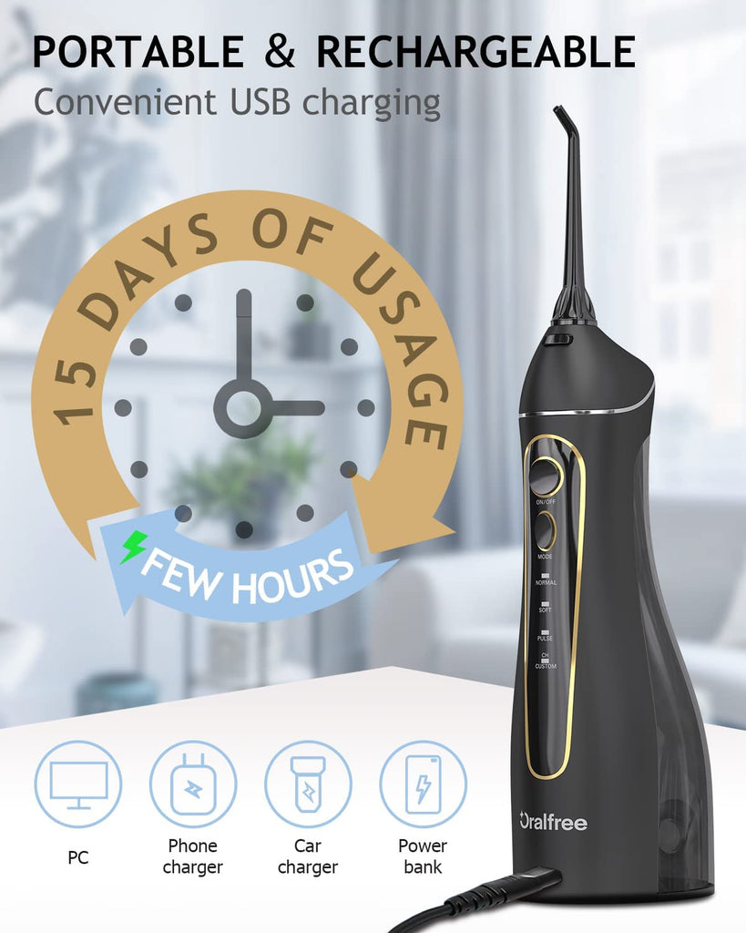 Water Dental Flosser for Teeth Cleaning - Oralfree Braces Care, Cordless Portable Rechargeable Oral Irrigator 4 Modes 5 Tips IPX7 Waterproof Powerful Battery Water Teeth Cleaner Pick for Home Travel