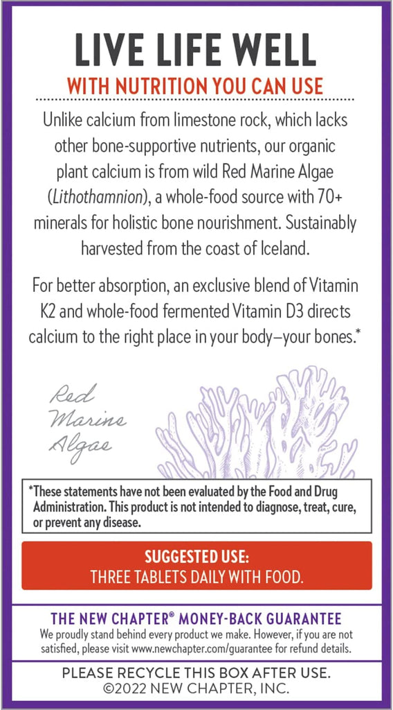 New Chapter Calcium Supplement - Bone Strength Organic Red Marine Algae Calcium - with Vitamin D3+K2 + Magnesium, 70+ Trace Minerals for Bone Health, Gluten Free, Easy to Swallow - 180 Slim Tablets
