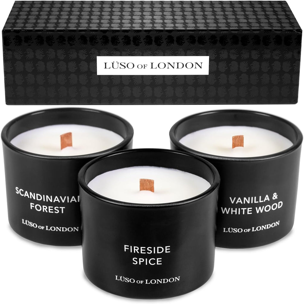 "Lüso of London - Bold and Masculine Scented Candles for Men, 3 Luxurious Candles in a Stylish Black Gift Box. The Ultimate Candle Set for the Modern Gentleman. Perfect Gifts for Men."