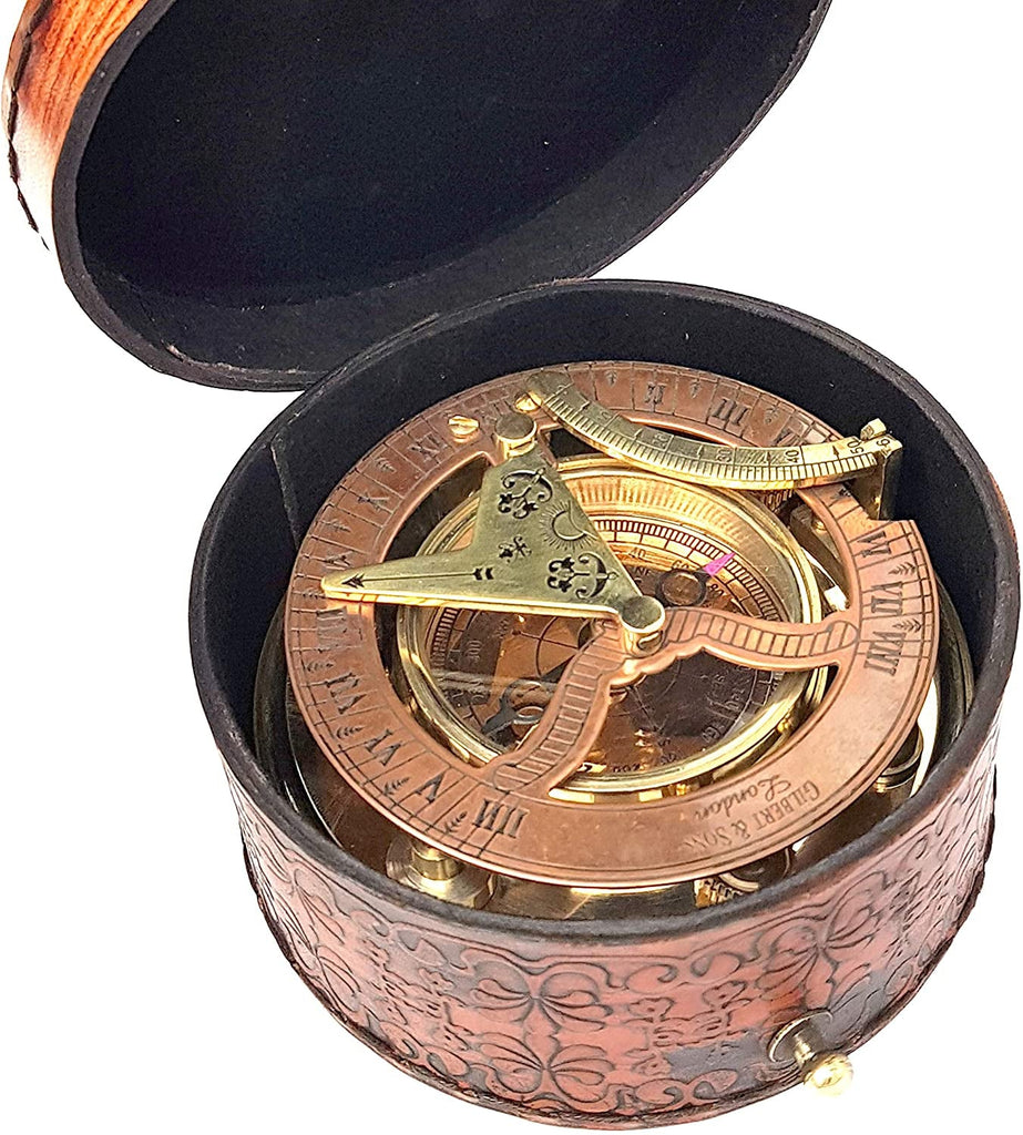 "Exquisite Brass Nautical Sundial Compass - Vintage Antique Design, Perfect Gift in a Beautifully Crafted Box - Timeless Sun Clock and Ship Replica Watch"