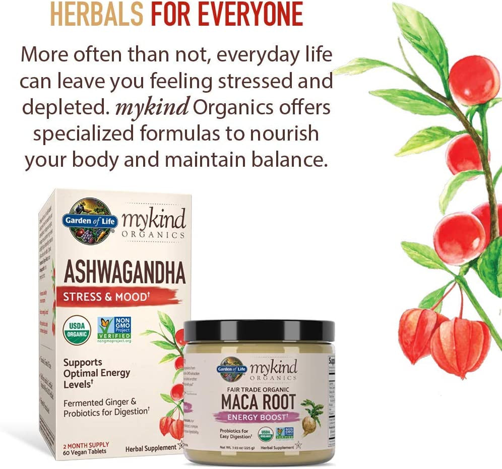 Garden of Life Organic Ashwagandha Stress, Mood & Energy Support Supplement with Probiotics & Ginger Root for Digestion - Mykind Organics - Vegan, Gluten Free, Non GMO – 2 Month Supply, 60 Tablets - Free & Fast Delivery
