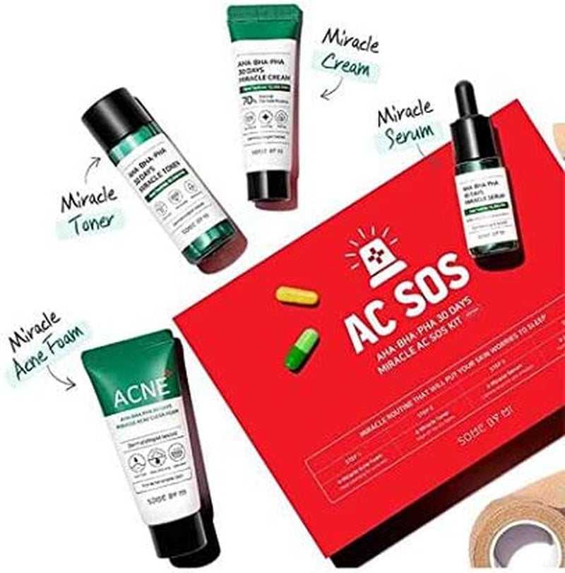SOME by MI AHA BHA PHA 30 Days Miracle AC SOS Kit / Clear Foam 1.01OZ, Toner 1.01Oz, Serum 0.33Oz, Cream 0.7Oz / Strengthen Skin Barrier for Sensitive Skin / Acne and Sebum Care / Facial Skin Care Set - Free & Fast Delivery - Free & Fast Delivery
