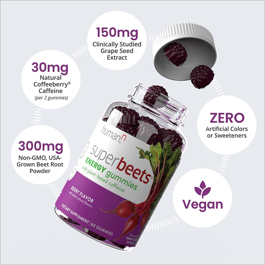 Humann Superbeets Energy Gummies - Quick Energy & Mental Focus - Help Increase Nitric Oxide - Supports Healthy Blood Pressure & Circulation Support - Antioxidant, Non-Gmo - 60 Gummies - Berry Flavor