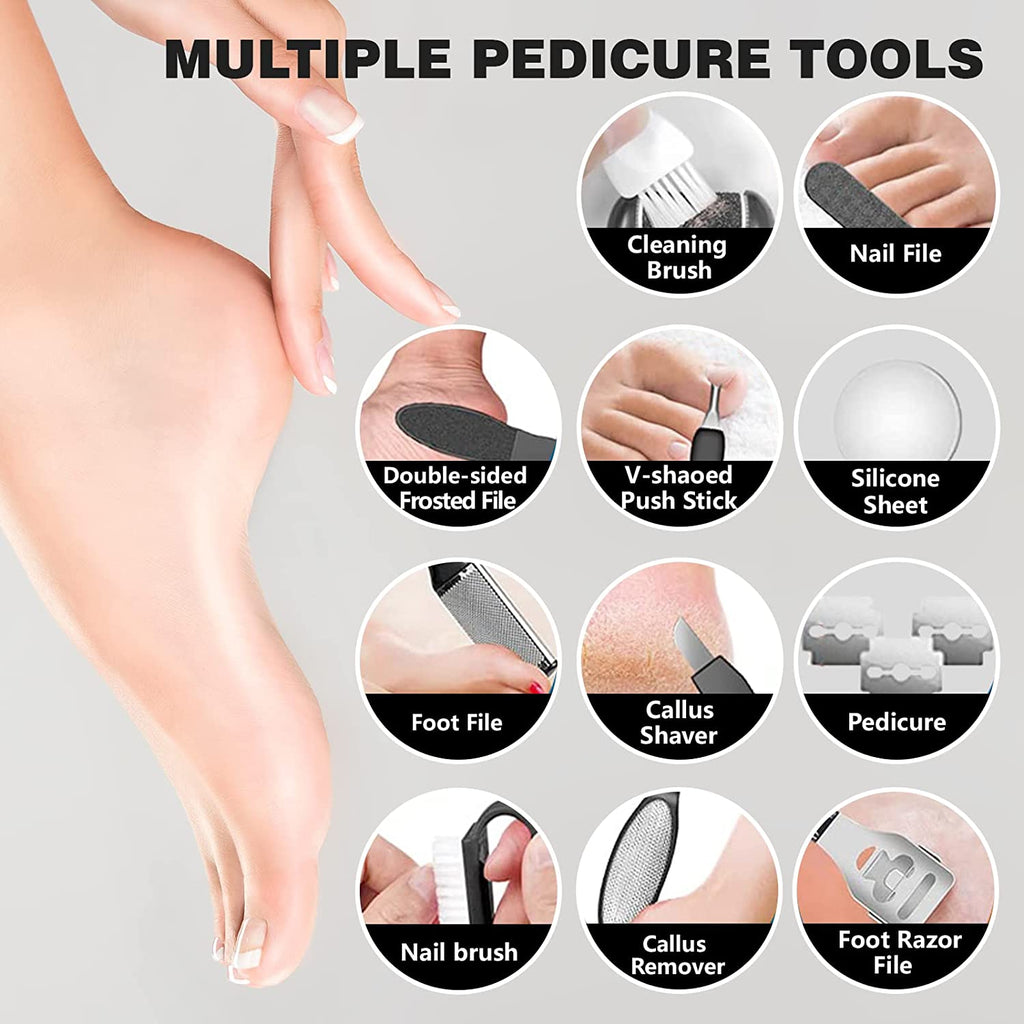 "Get Silky Smooth Feet with our Waterproof Electric Callus Remover - Rechargeable, Professional Pedicure Kit with 19-in-1 Foot File Care Tools, 3 Roller Heads, 2 Speeds, Battery Display - Say Goodbye to Cracked Heels and Dead Skin!"