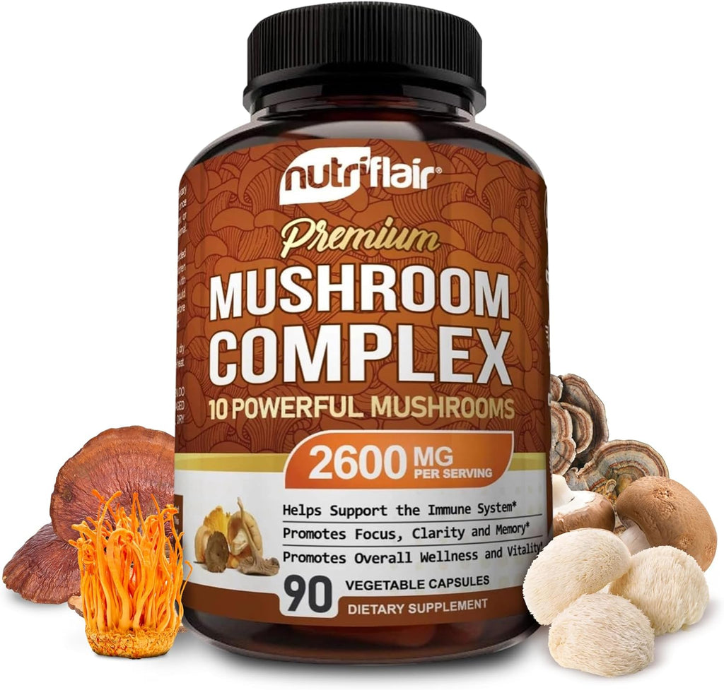 "Boost Your Brain and Energy with Nutriflair Mushroom Supplement - 10 Powerful Mushrooms Blend for Enhanced Focus and Vitality - 90 Capsules"