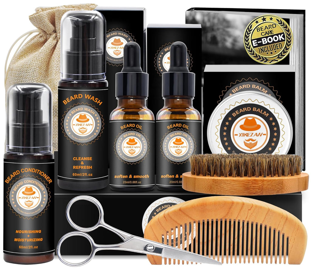 "Ultimate Beard Care Kit: Upgrade Your Grooming Game with Beard Conditioner, Oil, Balm, Brush, Shampoo, Comb, Scissors, and More! Includes Stylish Storage Bag and Exclusive Beard E-Book. Perfect Beard Care Gifts for Men."