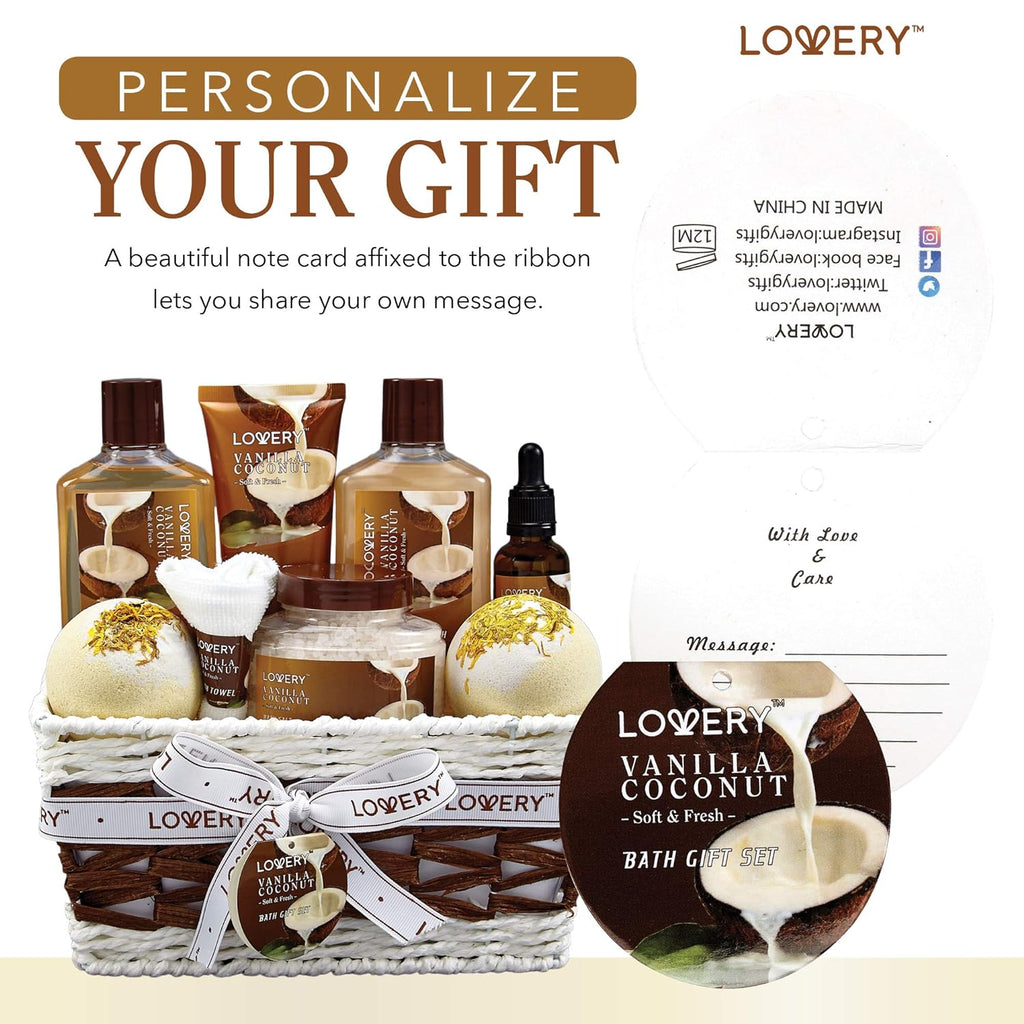 "Indulge in Blissful Relaxation with our Vanilla Coconut Bath and Body Gift Basket - Pamper Yourself with 9 Luxurious Pieces including Fragrant Lotions, Extra Large Bath Bombs, Coconut Oil, and a Plush Bath Towel!"