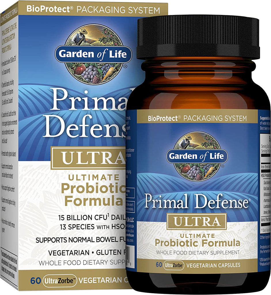 Garden of Life Primal Defense Ultra Ultimate Probiotic Formula - 15 Billion CFU and 13 Strains of Probiotics plus Hsos for Healthy Digestive Balance, Vegetarian and Gluten Free, 90 Capsules - Free & Fast Delivery